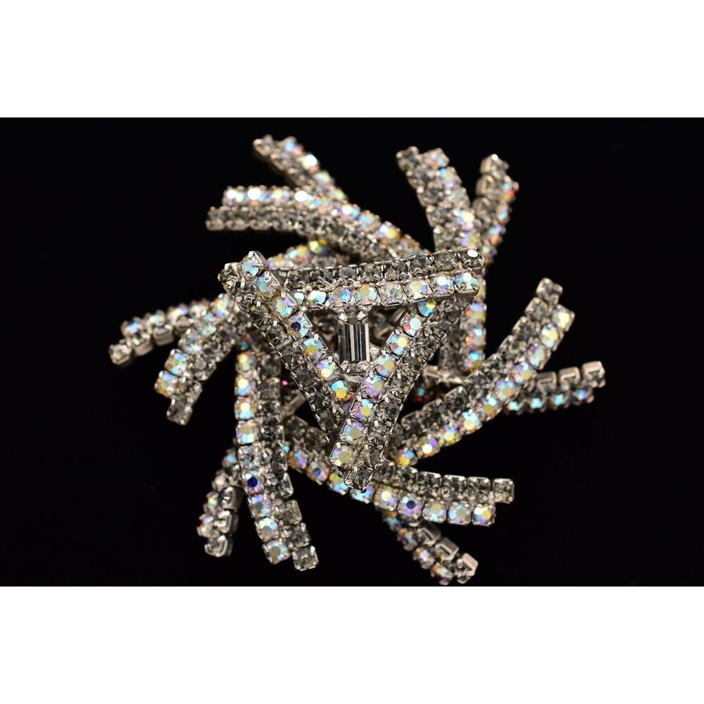 Vintage Chunky Crystal Pin Brooch AB Grey Rhinestone Silver Tone 1960s BinBP